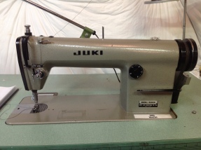 Juki Industrial straight lockstich DDL 555. I gladly adopted and restored this machine from a warehouse facility that experienced some flooding. At 3,500 stitches per minute, it was worth the restoration effort. Thank you to Ralph's Industrial Sewing for aiding with that process. Vintage leather spats anyone?